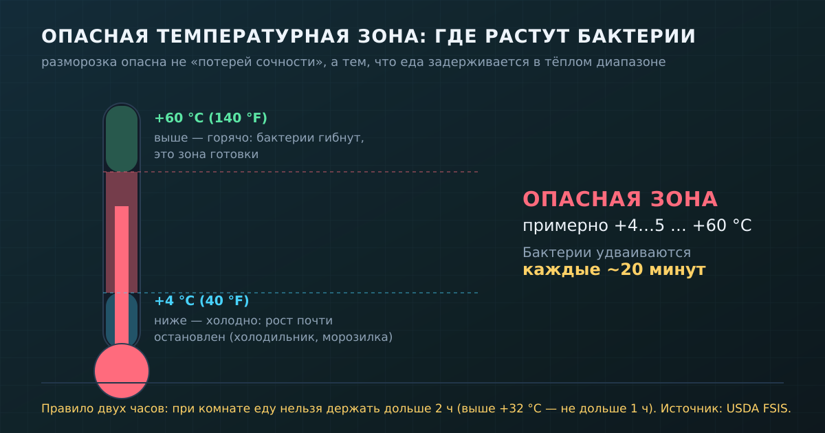 Опасная зона — примерно от +4…5 до +60 °C. В этом диапазоне бактерии удваиваются каждые 20 минут, поэтому задача разморозки — провести в нём как можно меньше времени.