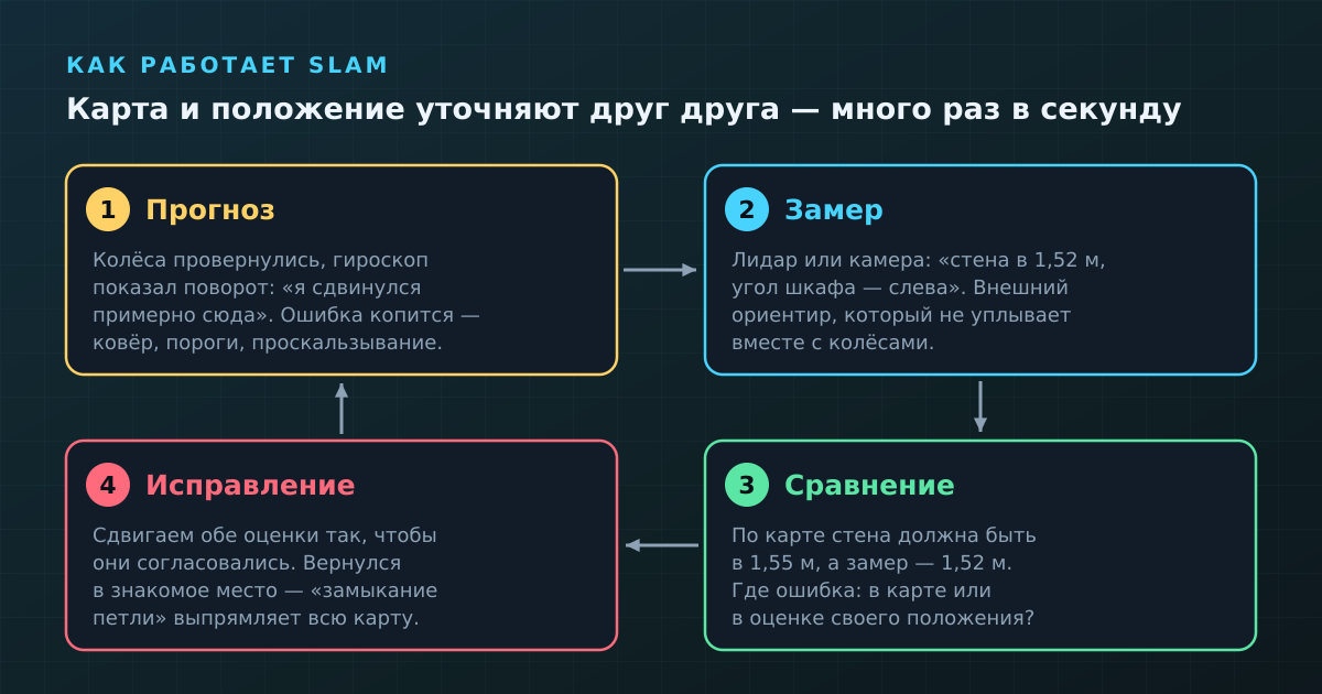 Цикл SLAM: колёса и гироскоп дают прогноз, лидар — замер, а расхождение между ними исправляет одновременно карту и положение робота
