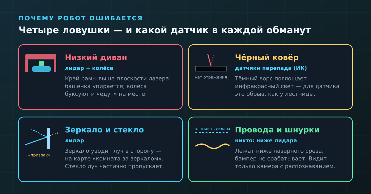 Четыре ловушки для робота-пылесоса и датчик, который в каждой из них обманывается