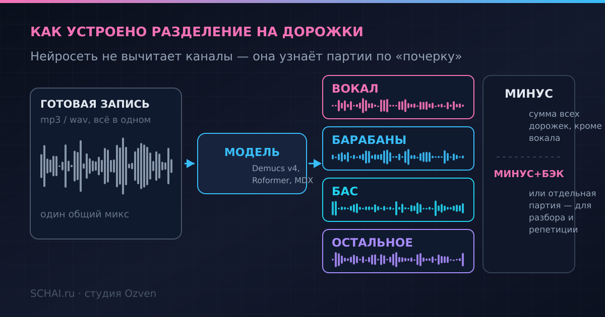 Как устроено разделение на дорожки: модель узнаёт партии по «почерку», а минус — это сумма всех дорожек, кроме вокала