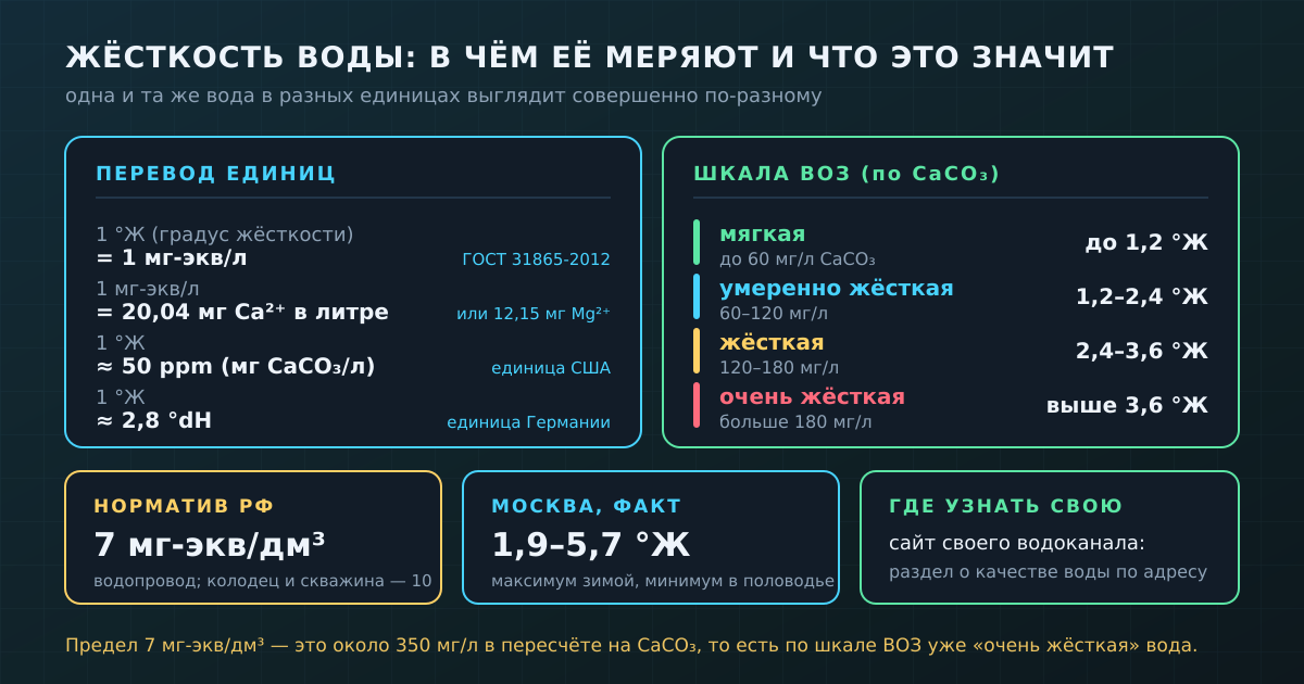Жёсткость воды в разных единицах, шкала ВОЗ и российский норматив