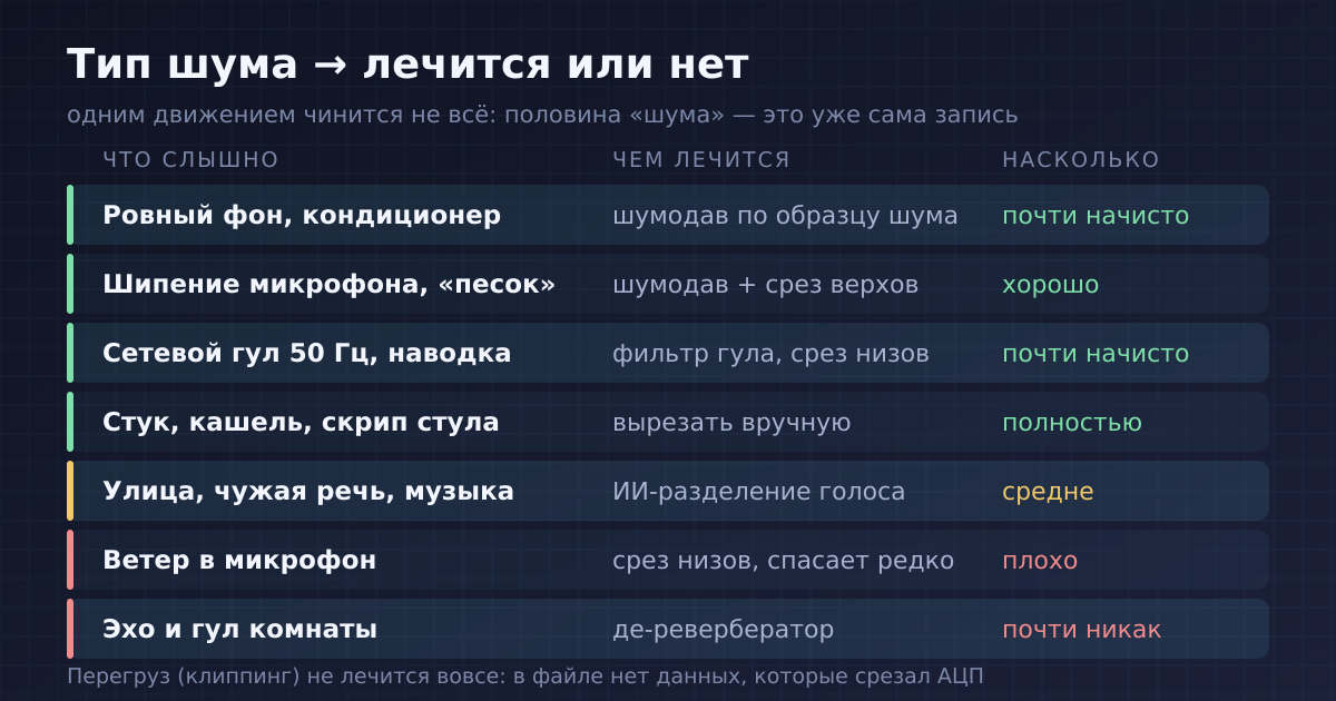 Таблица: тип шума → чем лечится → насколько хорошо убирается