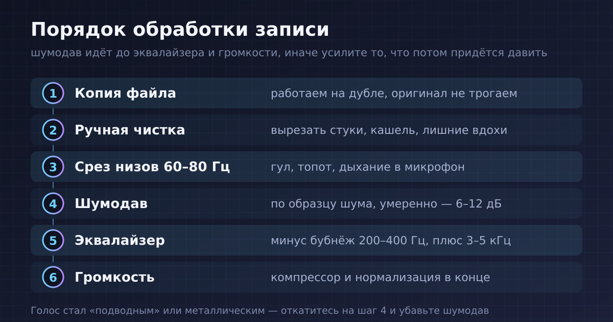 Порядок обработки записи: от копии файла до нормализации громкости