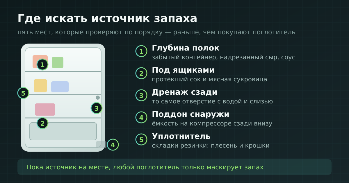 Схема: где искать источник запаха в холодильнике — полки, ящики, дренаж, поддон, уплотнитель
