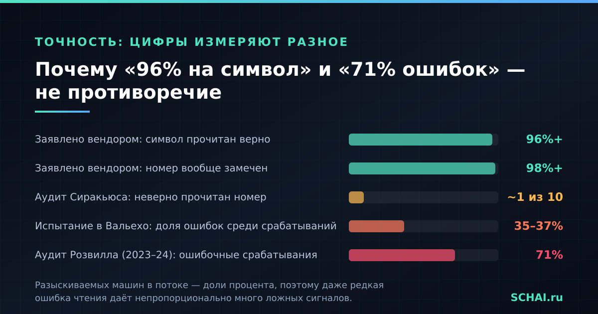 Заявленная точность и результаты независимых аудитов измеряют разные вещи и поэтому не совпадают