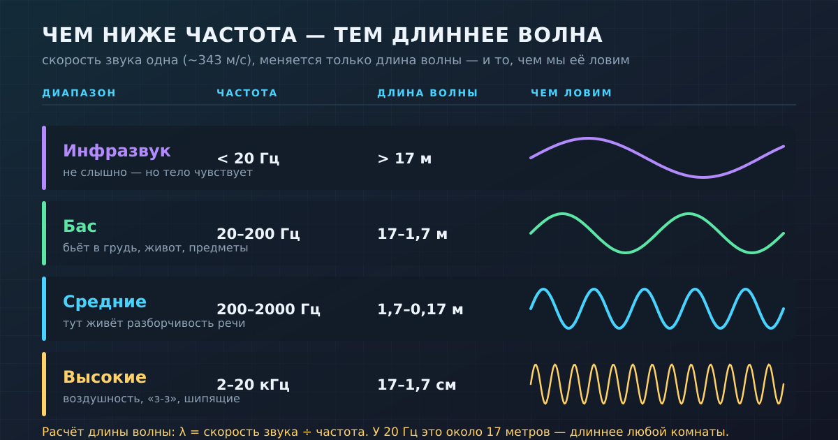 Скорость звука одна для всех частот — меняется только длина волны. Чем ниже частота, тем длиннее волна и тем больше она похожа на то, что мы ловим телом, а не ухом.