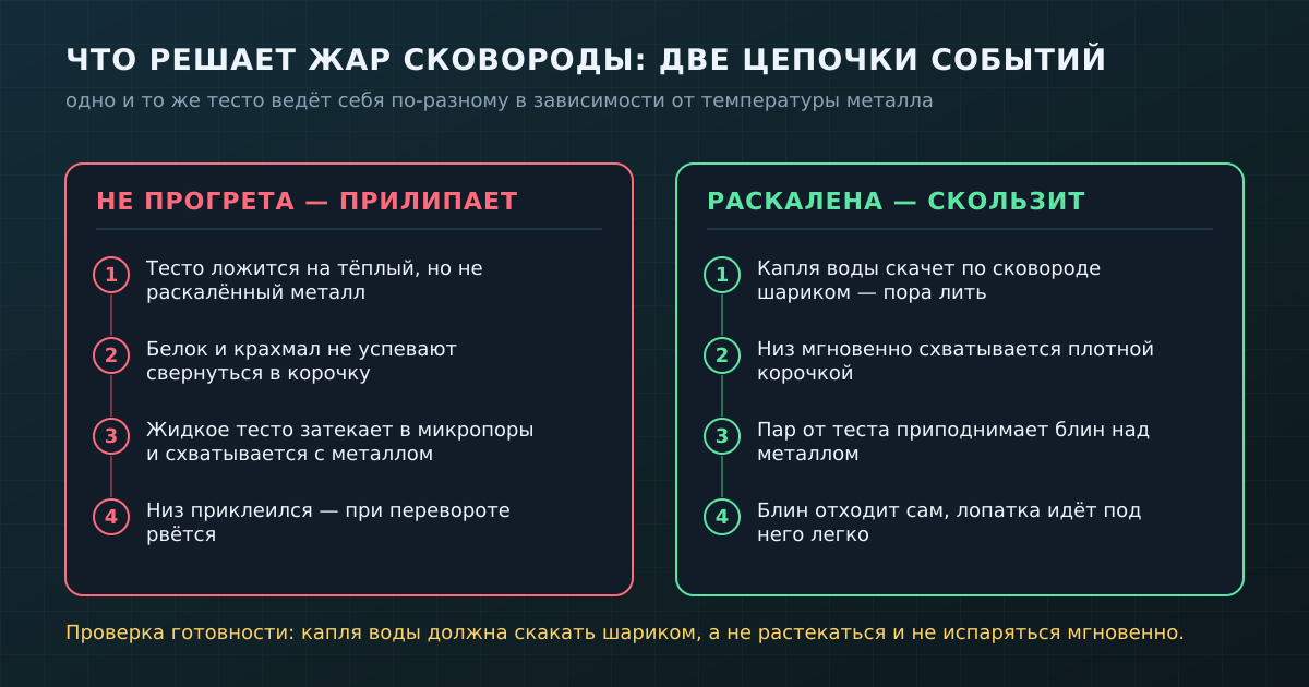 Что решает жар сковороды: на холодном металле тесто врастает в поры и рвётся, на раскалённом — схватывается коркой и скользит на паровой подушке
