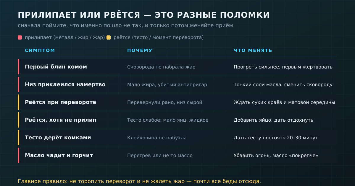 Прилипает или рвётся — это разные поломки: симптом, его настоящая причина и что менять в прогреве, жире или тесте