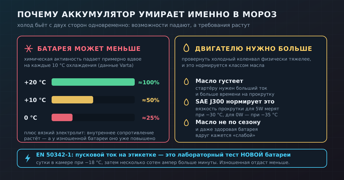 Мороз бьёт с двух сторон: батарея может меньше, а двигателю нужно больше. Поэтому изношенная батарея умирает именно зимой