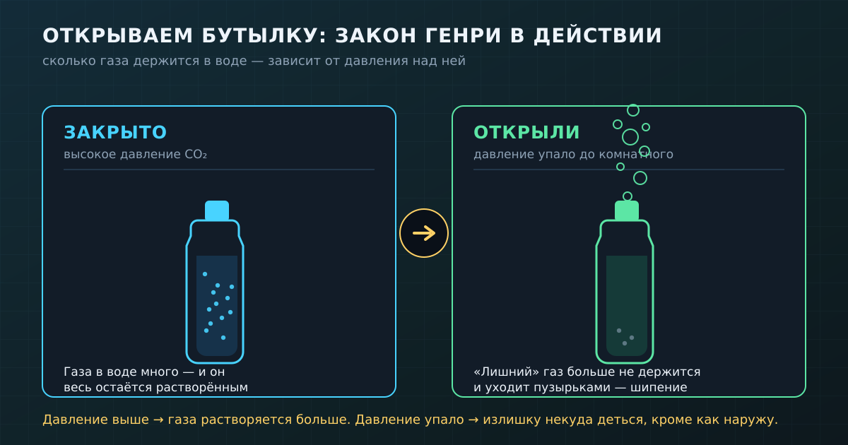 Закрытая бутылка под давлением держит газ в растворе; стоит открыть — давление падает, и излишек выходит пузырьками. Это и есть шипение.