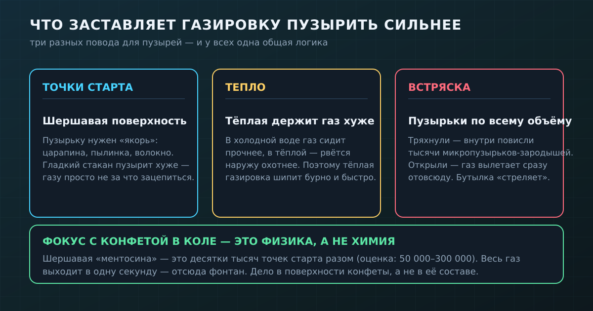 Сильнее всего газировка пузырит на шершавом, в тепле и после встряхивания. У всех трёх причин одна общая логика — газу дают больше поводов выйти.