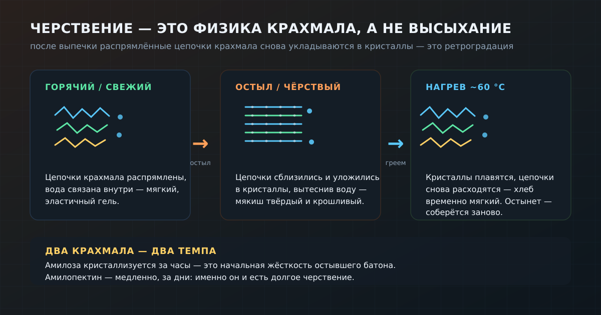 Ретроградация: горячий крахмал — распрямлённый гель, остывший — кристаллы, вытеснившие воду. Амилоза собирается за часы, амилопектин — за дни.