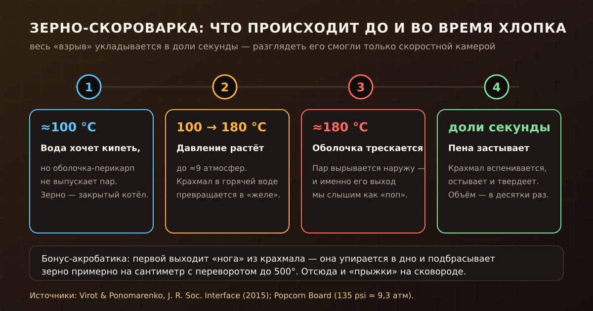 Четыре стадии хлопка: оболочка держит пар, давление растёт, при ~180 °C она рвётся, крахмал вспенивается и застывает
