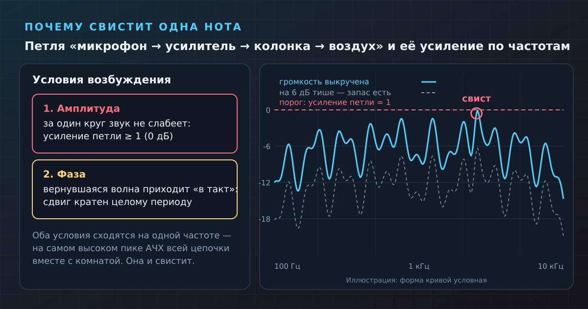 Возбуждение наступает, когда самый высокий пик петлевого усиления доходит до 0 дБ. Если убавить громкость на 6 дБ, вся кривая уходит вниз и появляется запас. Форма кривой условная