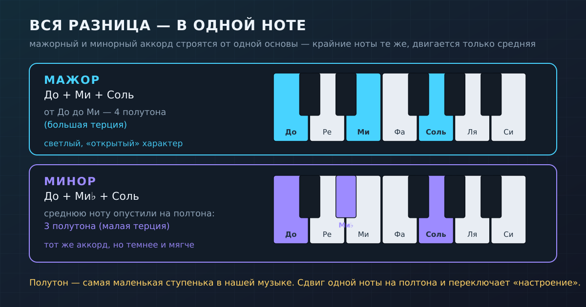 Мажор и минор строятся от одной основы: меняется только средняя нота — на полтона.