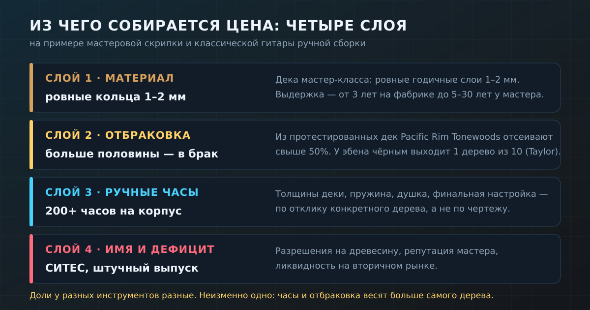 Четыре слоя цены: материал, отбраковка, ручные часы, имя и дефицит