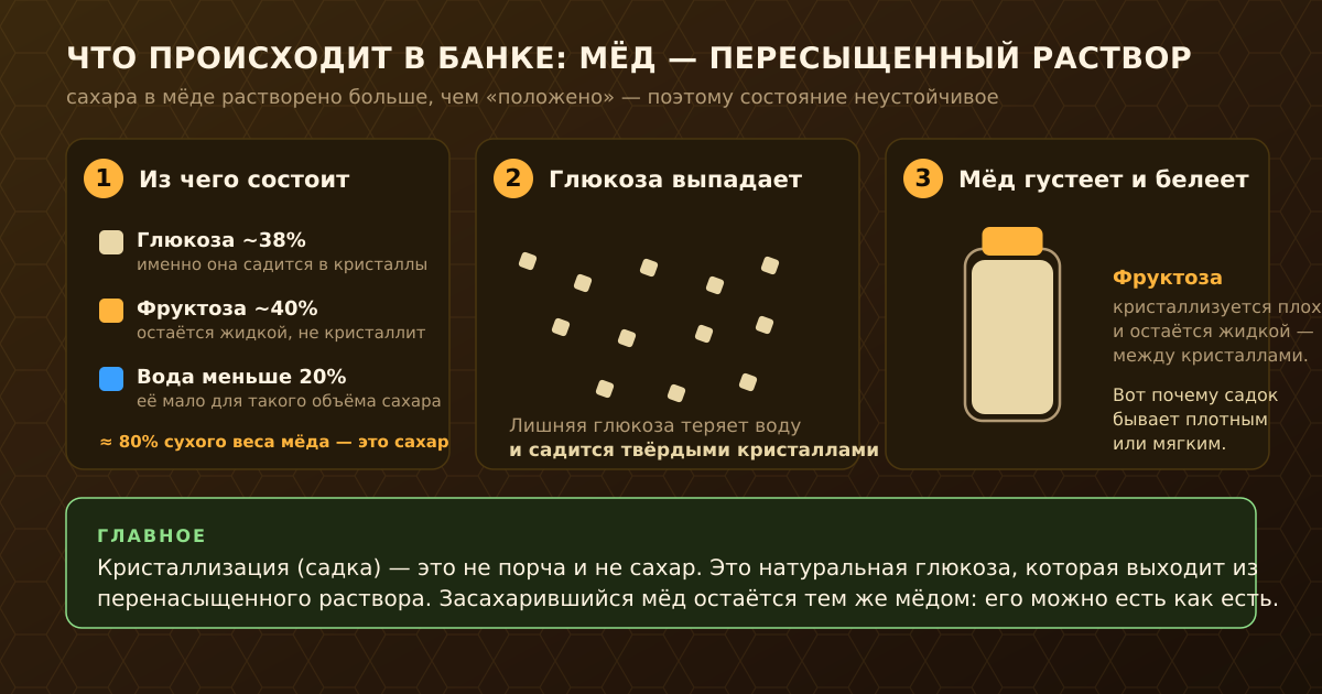 Механизм засахаривания: мёд — пересыщенный раствор, избыток глюкозы выпадает в кристаллы, фруктоза остаётся жидкой