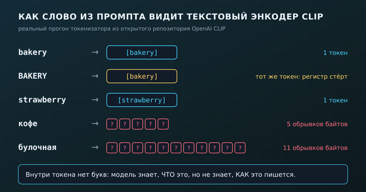 Так слово из промпта видит текстовый энкодер CLIP: английское слово — один токен без букв, русское — горсть обрывков байтов