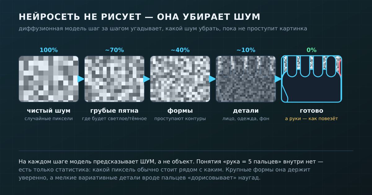 Как рождается картинка: диффузионная модель идёт от чистого шума к изображению, предсказывая на каждом шаге, какой шум убрать. Понятия «рука = 5 пальцев» внутри нет.