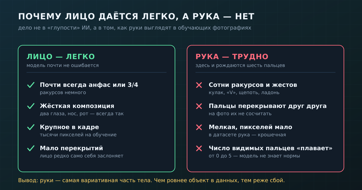 Лицо даётся легко, рука — нет: дело не в «глупости» ИИ, а в том, как руки выглядят в обучающих фотографиях.