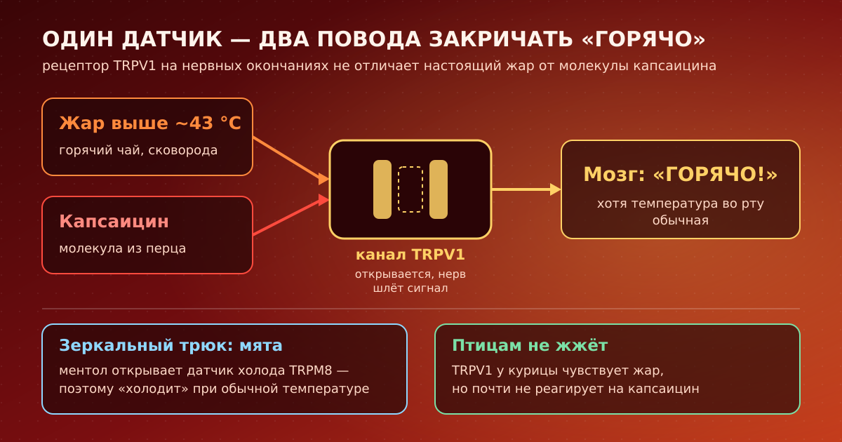 Один датчик — два повода закричать «горячо»: TRPV1 открывается и от жара выше ~43 °C, и от капсаицина. У птиц этот рецептор на капсаицин почти не реагирует.