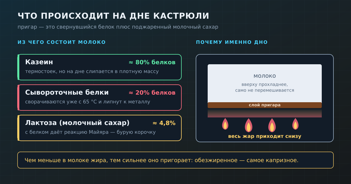 Что происходит на дне кастрюли: казеин, сывороточные белки и лактоза — и почему пригар всегда снизу