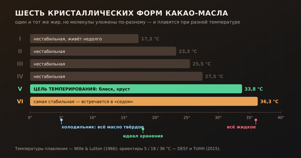 Шесть кристаллических форм какао-масла и их температуры плавления: темперирование добивается формы V, в «поседевшем» шоколаде находят форму VI