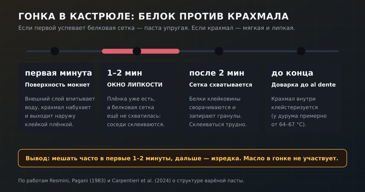 Гонка в кастрюле: пока белковая сетка не схватилась, поверхность макарон склеивается при любом контакте