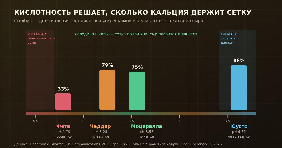 Доля кальция, оставшегося «скрепками» в белке, у четырёх сыров с разной кислотностью. Тянутся сыры из середины шкалы