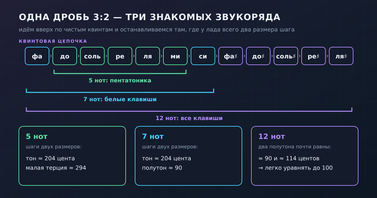 Квинтовая цепочка: на 5, 7 и 12 звеньях внутри октавы остаются шаги всего двух размеров. На 12 они почти сравниваются