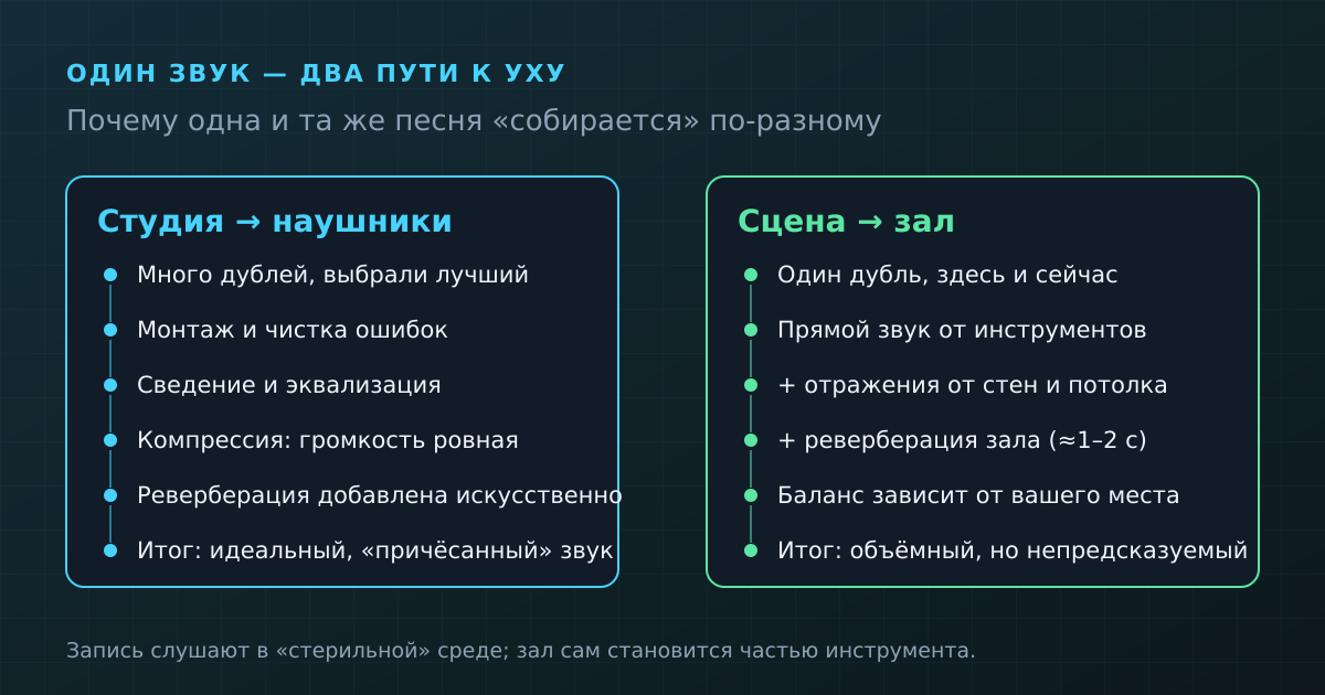 Один и тот же звук идёт к уху двумя разными путями: через студийный тракт и через акустику зала.