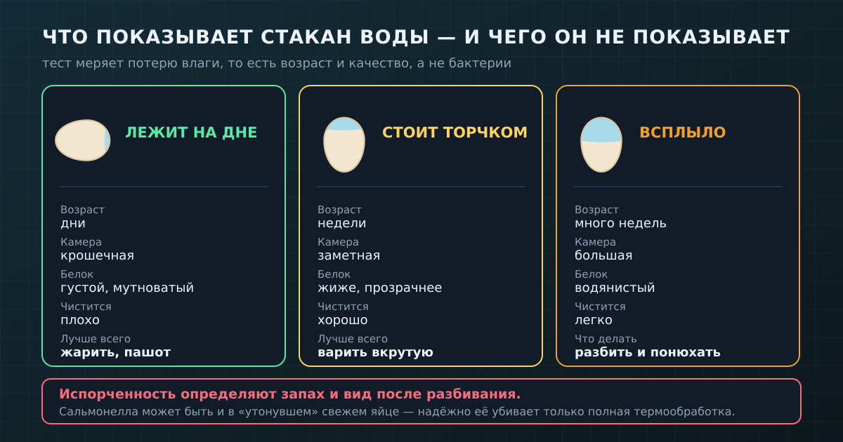Что на самом деле показывает тест со стаканом воды: возраст, качество белка и как яйцо будет чиститься — но не бактерии