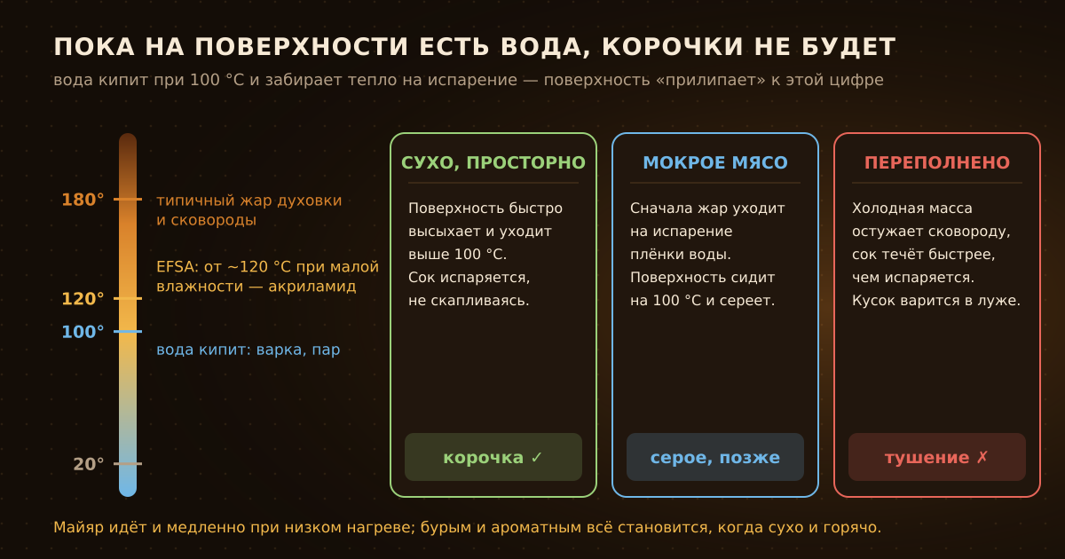Пока на поверхности есть вода, она держит температуру около 100 °C: сухой кусок румянится, мокрый сереет, а переполненная сковорода тушит