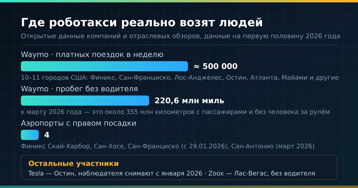Масштаб работы роботакси в США на первую половину 2026 года: поездки, пробег и доступ в аэропорты