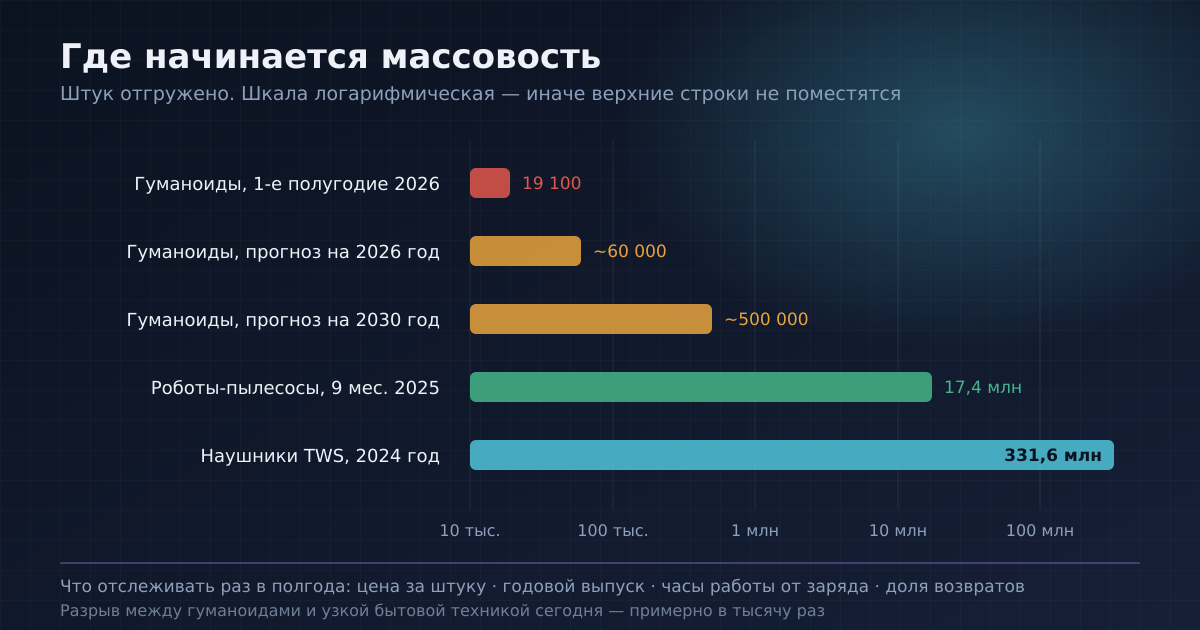 Масштаб выпуска: гуманоиды против уже массовой техники, логарифмическая шкала