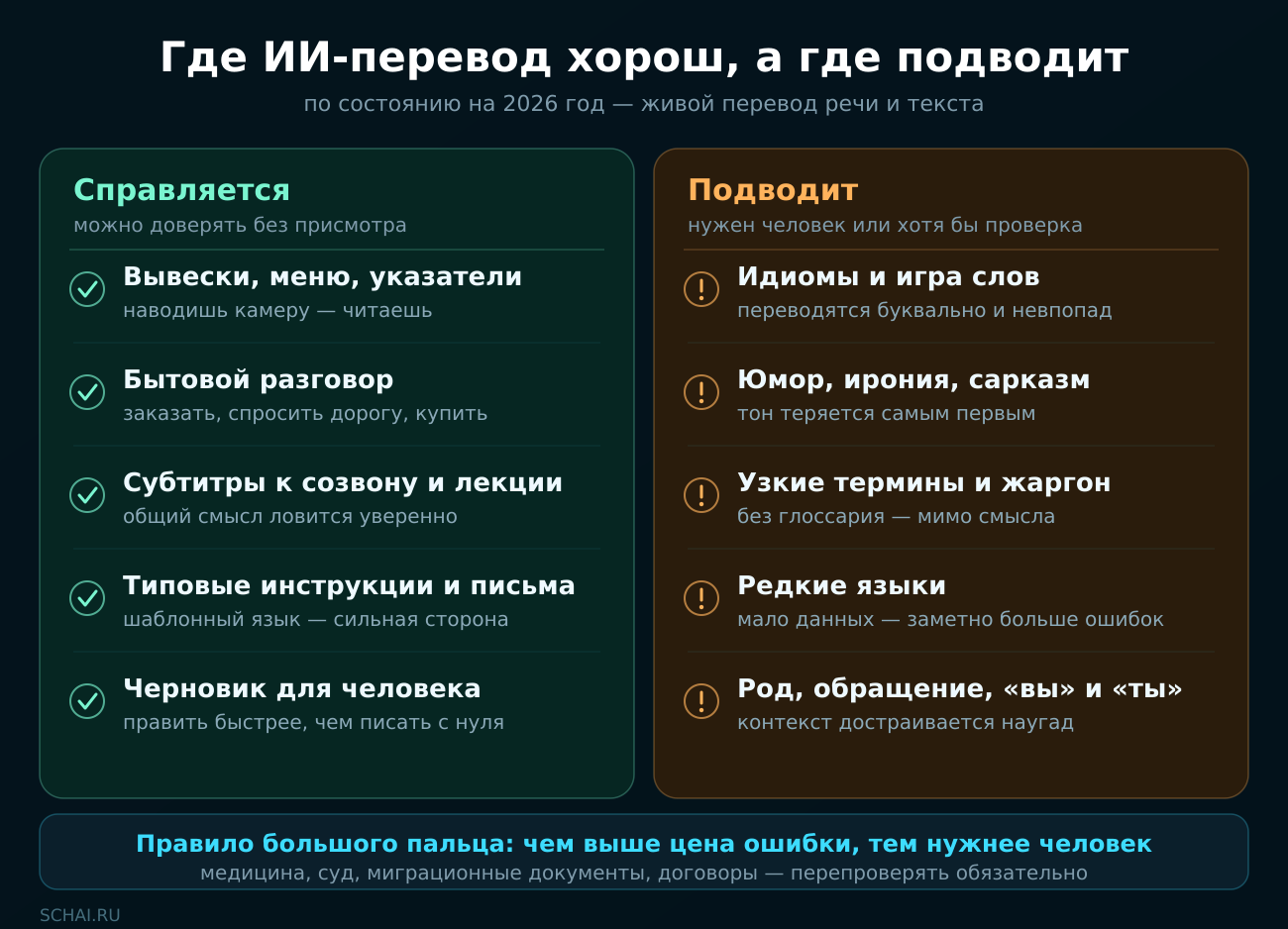 Где ИИ-перевод справляется сам, а где нужен человек