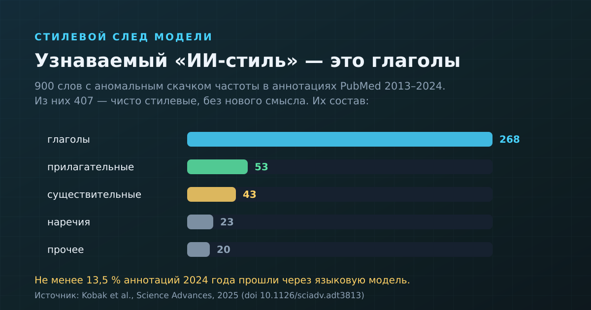Стилевой след языковой модели: 900 слов с аномальным ростом частоты, из них 407 чисто стилевых — и большинство из них глаголы