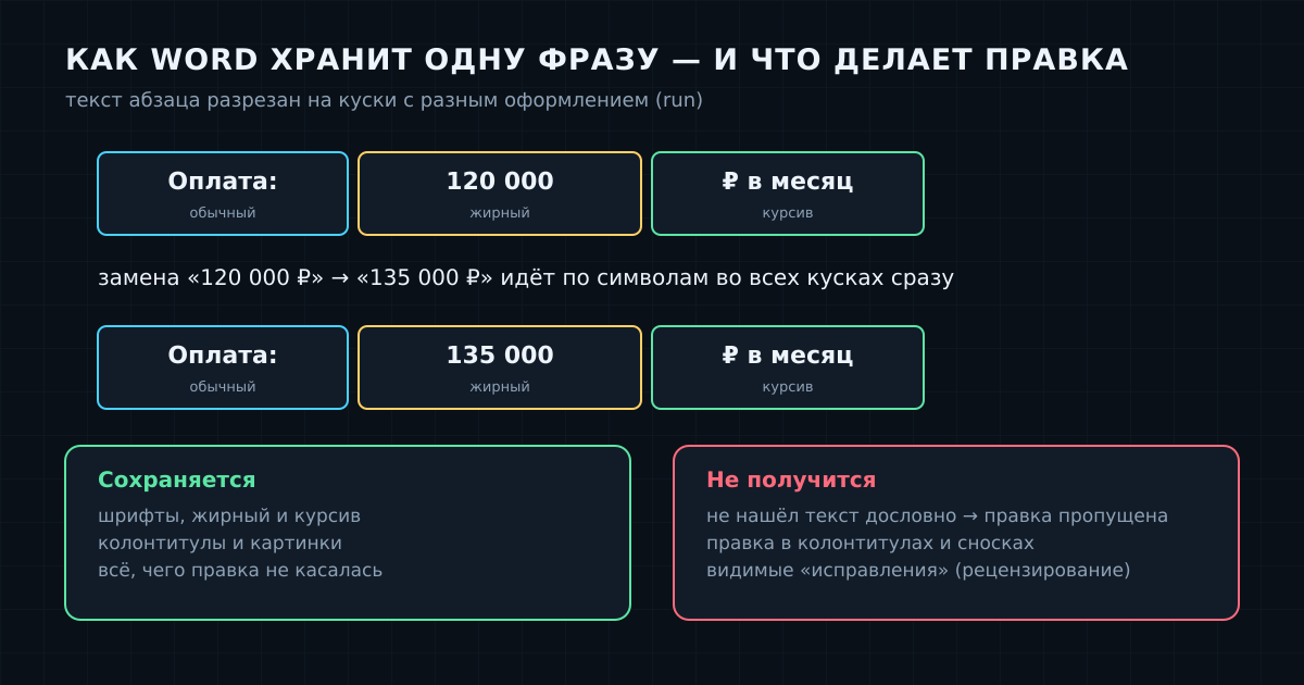 Как Word хранит одну фразу кусками и что при правке сохраняется, а что нет