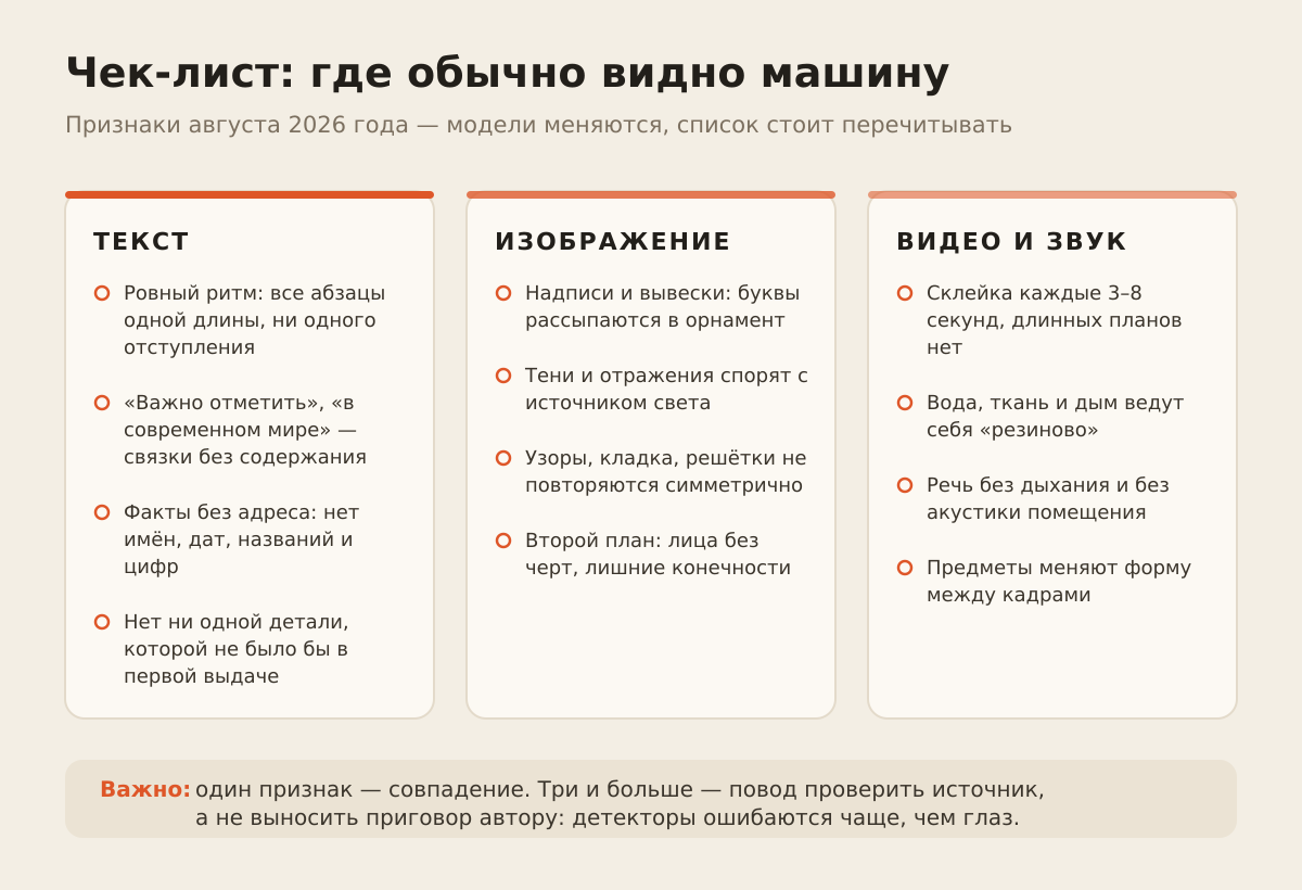 Чек-лист признаков: текст, изображение, видео и звук