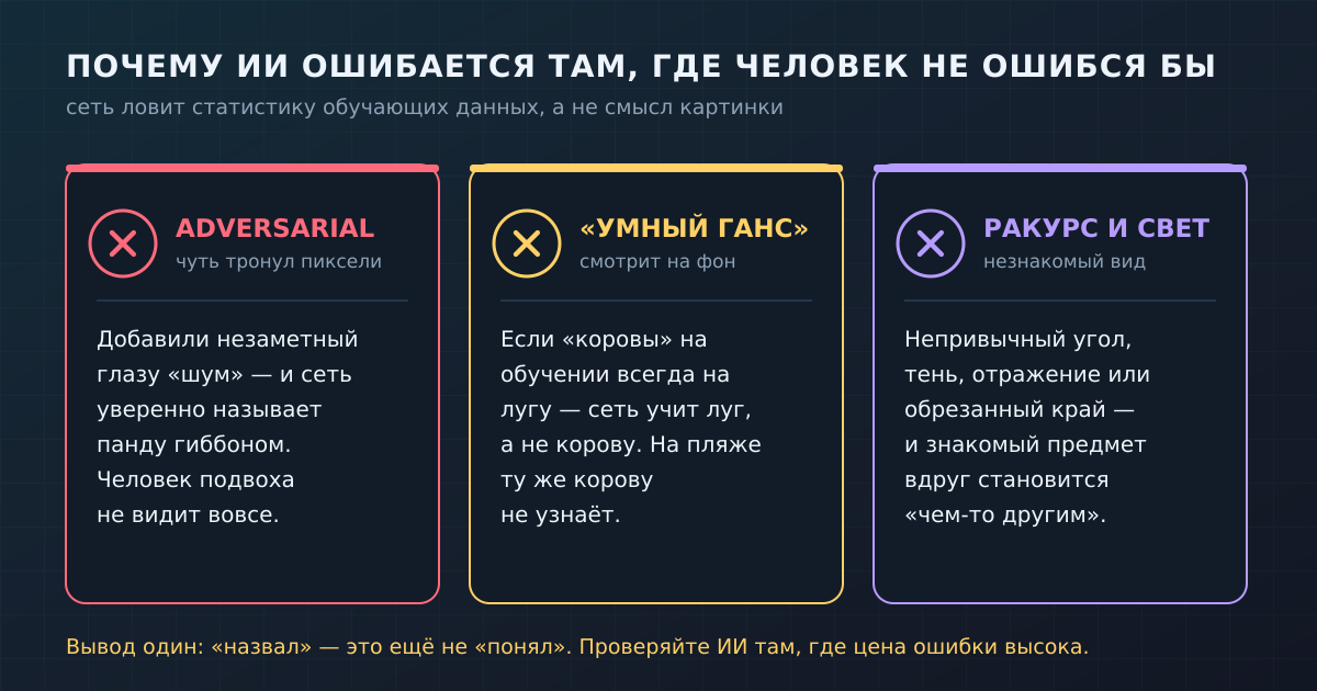 Три типичные причины ошибок: adversarial-подмена пикселей, «умный Ганс» (реакция на фон) и непривычный ракурс. Во всех случаях сеть идёт за статистикой, а не за смыслом.