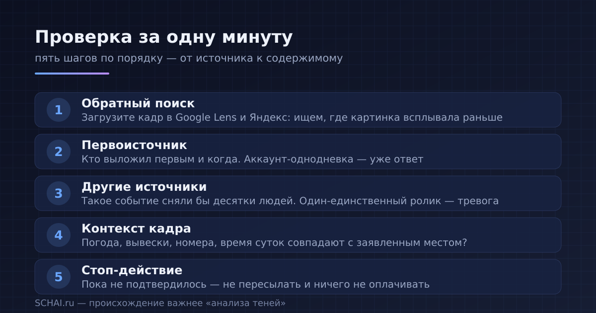 Инфографика: проверка фото и видео за одну минуту — обратный поиск, первоисточник, другие источники, контекст кадра, стоп-действие