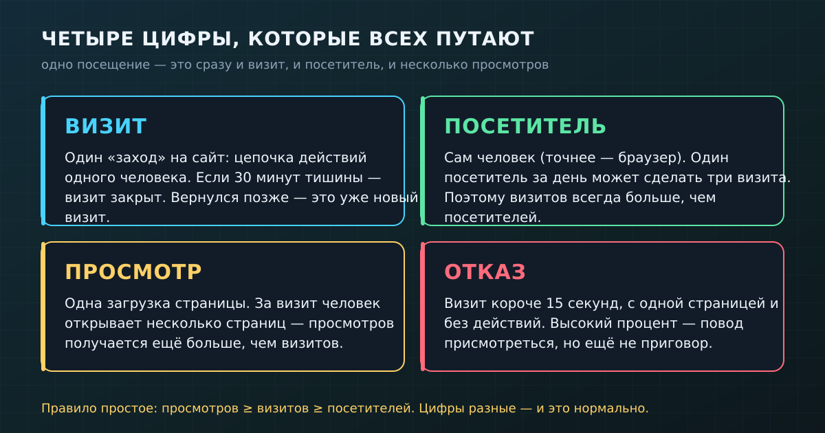 Визит, посетитель, просмотр и отказ — четыре базовых понятия, из-за которых чаще всего путаются цифры посещаемости.