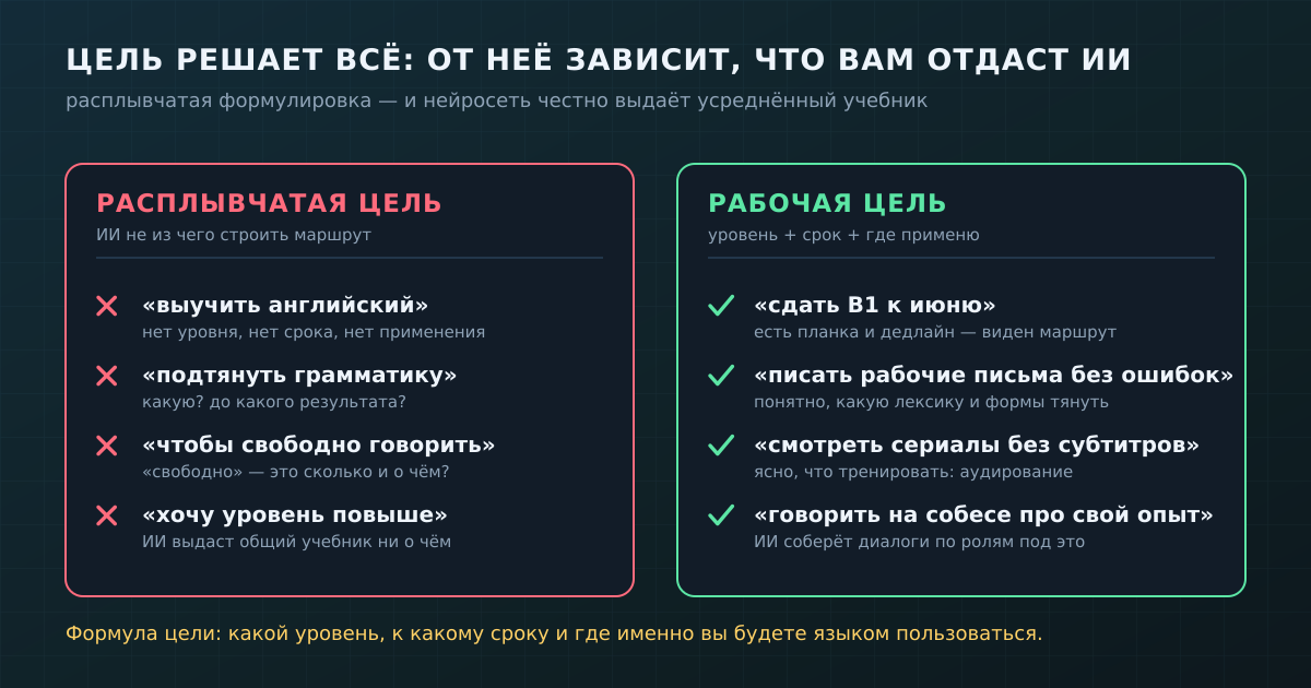 Расплывчатая цель против рабочей: формула «уровень + срок + где применю» превращает запрос к ИИ из общего учебника в конкретный маршрут.