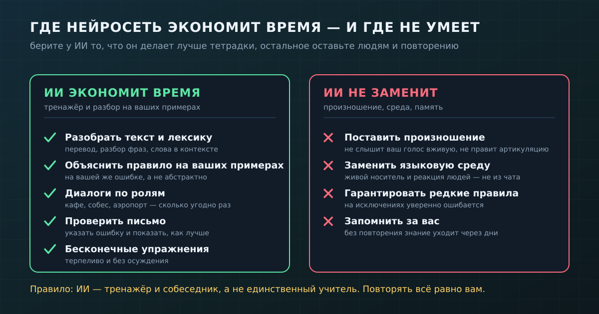 Делёж труда с нейросетью: слева — то, что ИИ делает лучше тетрадки; справа — то, что придётся оставить людям, среде и собственному повторению.