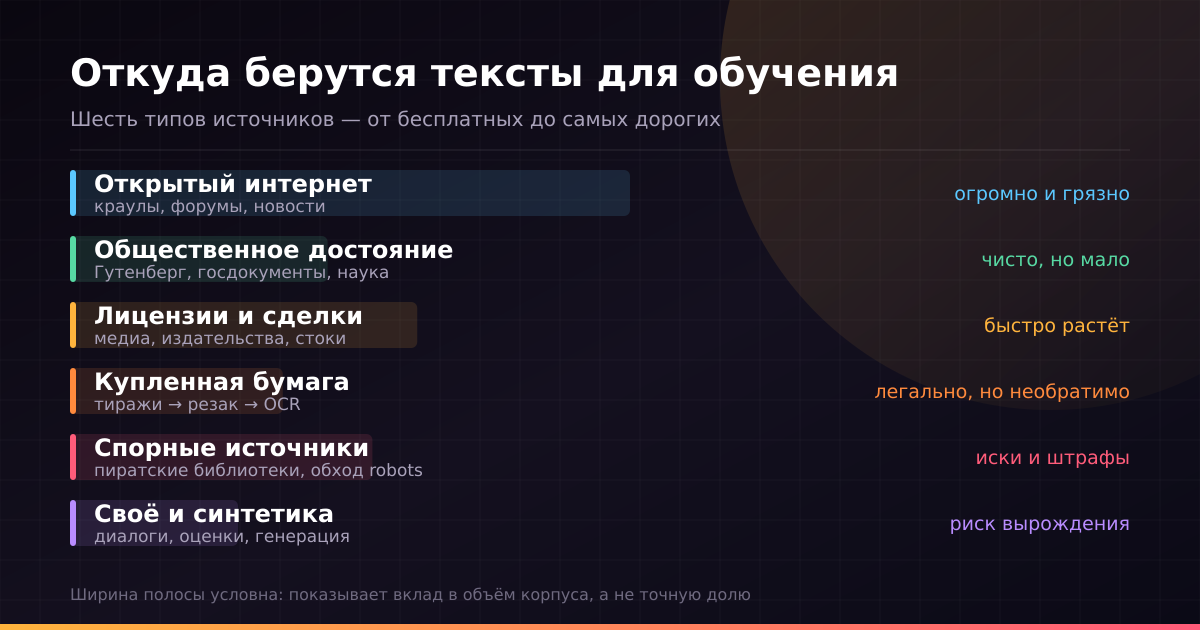 Шесть типов источников обучающих данных: от бесплатного веб-краула до дорогих лицензий