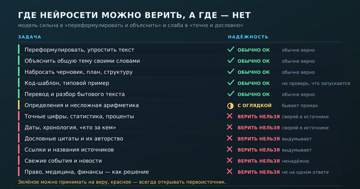 Грубый ориентир: зелёное можно принимать на веру, красное — всегда открывать первоисточник