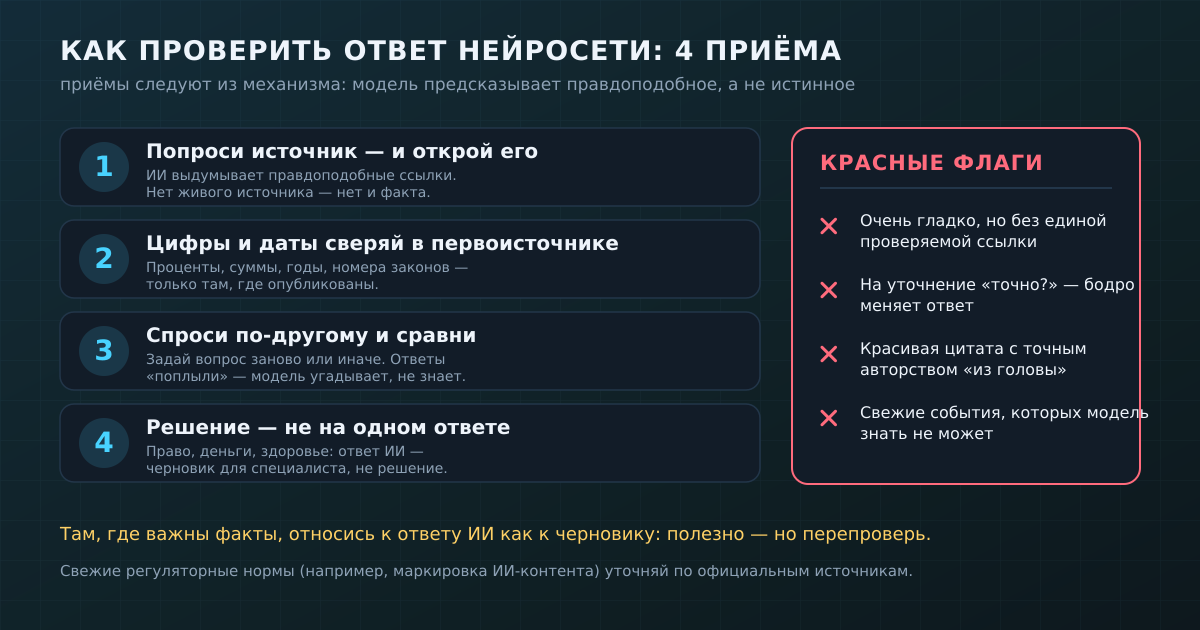 Четыре приёма проверки и красные флаги — всё следует из того, как устроена модель