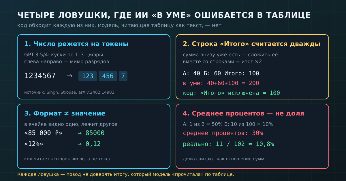 Четыре ловушки, на которых ИИ ошибается, когда считает таблицу «в уме»