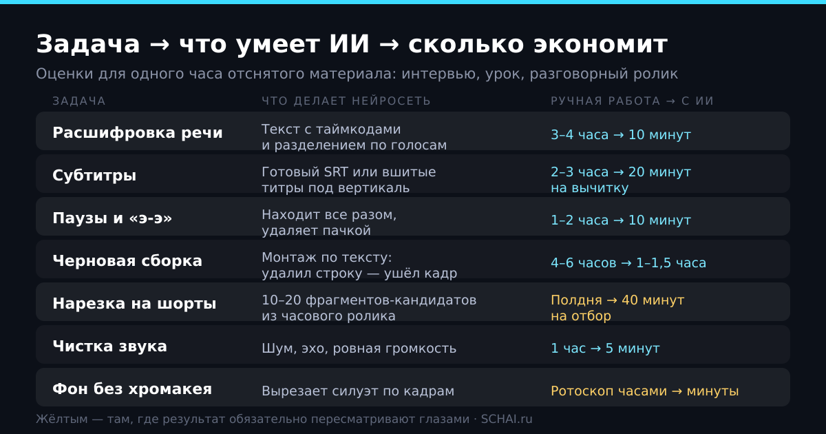 Задача, что умеет нейросеть и сколько времени это экономит на часе материала