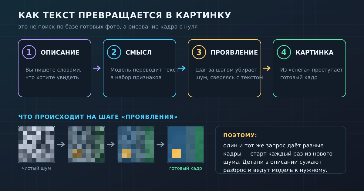 Как текст превращается в картинку: четыре шага от описания до кадра и что происходит на этапе «проявления» из шума